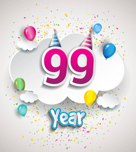 99周年庆典设计，配云气球，纸屑..矢量模板元素为您，六十八年生日庆祝聚会。