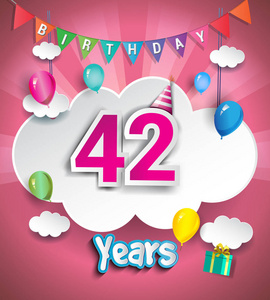42岁生日设计贺卡和海报,带有礼品盒,气球.周年庆典设计模板照片