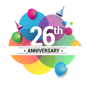 周年标志，矢量设计生日庆祝与彩色几何，圆圈和气球隔离在白色背景。