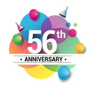 五十六周年标志矢量设计生日庆祝与彩色几何圆圈和气球隔离在白色背景。