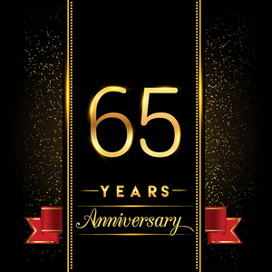 65周年庆祝标志型。 周年纪念标志与五彩金色隔离在黑色背景矢量设计贺卡和邀请卡