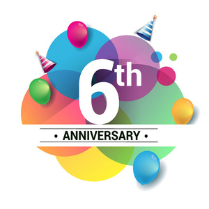 六周年标志矢量设计生日庆祝与彩色几何圆圈和气球隔离在白色背景.