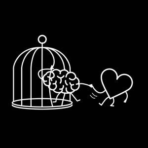 心脏帮助大脑从笼子里逃出来黑色背景矢量概念插图感情支持逃避禁锢