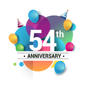 五十四周年标志矢量设计生日庆祝与彩色几何圆圈和气球隔离在白色背景。