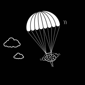 大脑在黑色背景矢量概念图上的降落伞上飞行，创造性和创造性的头脑平面设计线性信息图