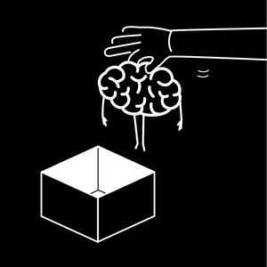 手把大脑从盒子里拿出黑色背景矢量概念插图非常规思维走出盒子平面设计线性信息图