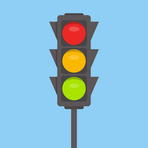 交通灯隔离图标。绿色, 黄色, 红色的光矢量插图在蓝天背景。道路交叉路口管制标志交通规则设计要素