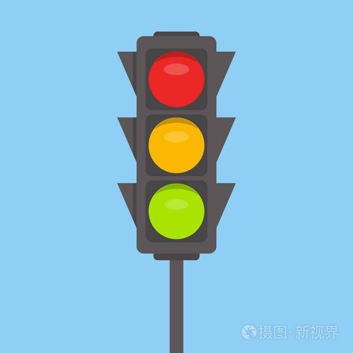 交通灯隔离图标.绿色, 黄色, 红色的光矢量插图在蓝天背景.