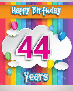 44岁生日庆祝设计贺卡和海报与云和气球。 生日庆祝设计模板。