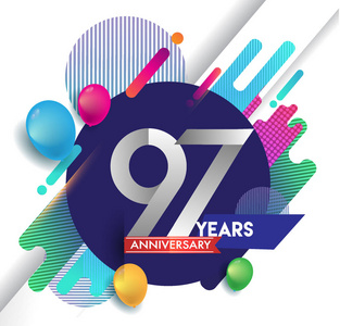 九十七年周年标志与彩色抽象背景矢量设计模板元素的邀请卡和海报您的生日庆祝。