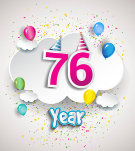 76周年庆祝设计与云和气球纸屑。 矢量模板元素为您的六十八年生日庆祝聚会。