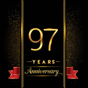 庆祝97周年标志型。 周年纪念标志与五彩金色隔离在黑色背景矢量设计贺卡和邀请卡