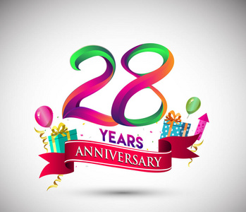 28周年庆祝设计与礼品盒和气球，红色丝带，彩色矢量模板元素，为您的九十七年生日庆祝聚会。