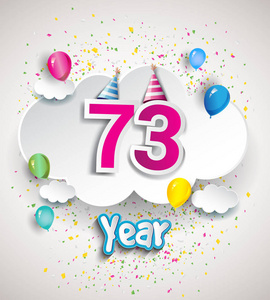 73周年庆祝设计与云和气球纸屑。 矢量模板元素为您的六十八年生日庆祝聚会。