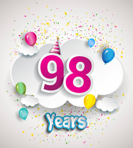 98周年庆祝设计与云和气球纸屑。 矢量模板元素为您的六十八年生日庆祝聚会。