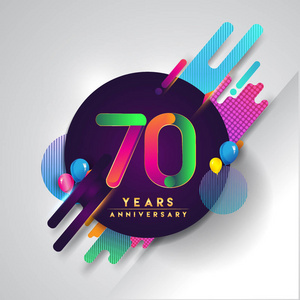 70周年纪念标志与彩色抽象背景矢量设计模板元素邀请卡和海报你的生日庆祝