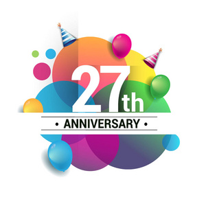 27周年标志矢量设计生日庆祝与彩色几何圆圈和气球隔离在白色背景。