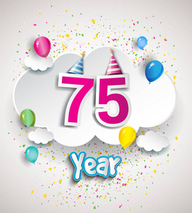 75周年庆祝设计与云和气球纸屑。 矢量模板元素为您的六十八年生日庆祝聚会。