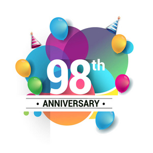 98周年标志矢量设计生日庆祝与彩色几何圆圈和气球隔离在白色背景。
