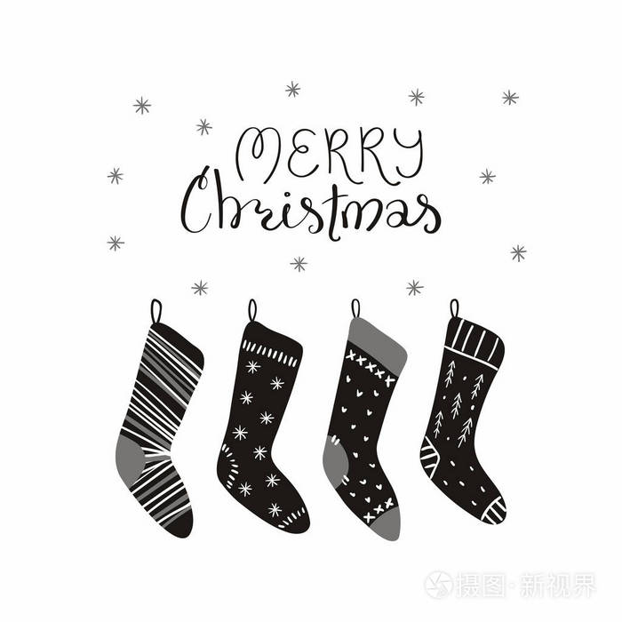 手绘矢量插图可爱的圣诞长袜与文字引用圣诞快乐隔离在白色背景 卡的概念插画 正版商用图片12et4g 摄图新视界