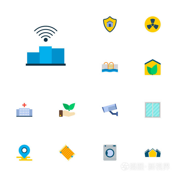 一套智能城市图标平面式符号与视频控制, 生态住宅, 窗口和其他图标为