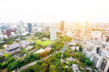 商业文化理念全景现代城市天际线鸟眼鸟眼鸟瞰从东京塔在戏剧性的日出和清晨的蓝天下从东京寺庙