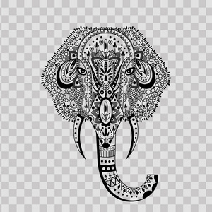 大象头 zentangle 在透明背景上进行程式化。手画图案与大象标志。用于设计 t恤箱包明信片海报横幅