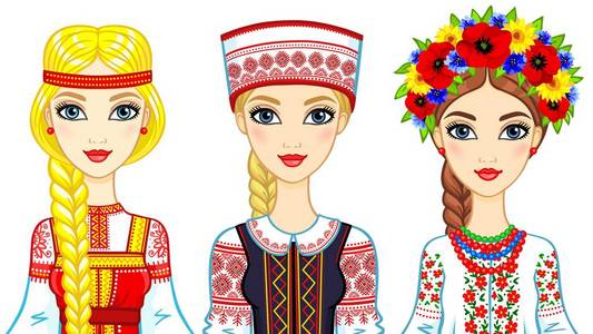 一套传统西装的斯拉夫女孩的动画肖像。 俄罗斯白俄罗斯乌克兰。 在白色背景上隔离的矢量插图。