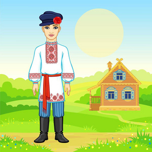 动画的巴伐利亚家庭在古代传统服饰的画像 背景 夏日风景 老房子 童话故事中的人物 卡 海报 打印 矢量图相似素材图片 摄图新视界