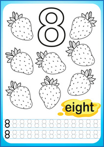 幼儿园和学前班的可打印工作表。 写数字的练习。 简单的难度水平。 恢复虚线并给图片涂上颜色。 明亮的水果收获。 给孩子的着色书。