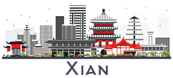 西安中国天际线与白色建筑隔离。 矢量图。 具有历史建筑的商务旅游和旅游理念。 西安城市景观与地标。