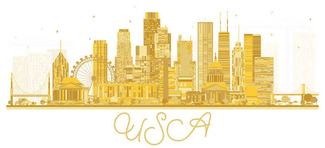 美国城市天际线轮廓与金色摩天大楼和地标。 矢量图。 现代建筑的商务旅游和旅游理念。 图像用于演示横幅标语牌和网站。