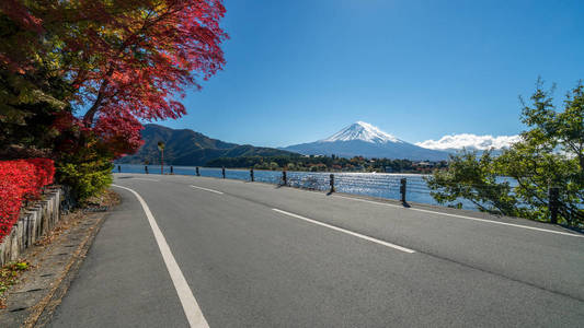 日本富士山五彩秋，是日本最好的欣赏富士山风景的地方之一，枫叶变色，给人以这些树叶的形象构成富士山。