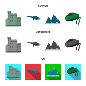 爱丁堡城堡, 尼斯湖妖怪, 嘉林边山, 全国盖帽巴尔莫勒尔, 谭 shanter。苏格兰集合图标在卡通, 平, 单色风格矢量符号