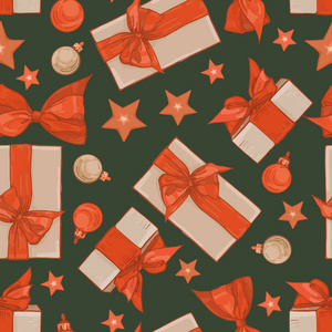 圣诞节无缝图案的庆祝礼品，盒子与蝴蝶结和装饰品。矢量优雅的背景