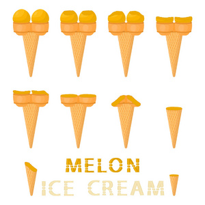 华夫饼锥上天然甜瓜冰淇淋的矢量插图。冰淇淋图案由甜的冷冰淇淋，美味的冷冻甜点组成。圆锥瓜的新鲜水果冰淇淋。