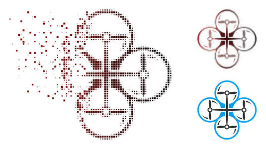 矢量四复印机图标在断裂像素化半色调和未损坏的整体变体。 消失效应包括方形火花和从红色到黑色的水平梯度。