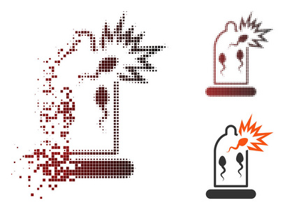 矢量避孕套精子损伤图标在溶解的虚线半色调和未损坏的整个变体。 消失效应包括矩形点和从红色到黑色的水平梯度。