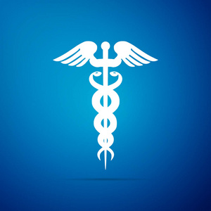 默丘利在蓝色背景上隔离的医学符号图标。医药保健理念。徽为药店或医药, 药房蛇象征。平面设计。矢量插图