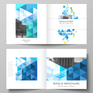 两个封面模板的可编辑布局的矢量插图 bifold 小册子, 杂志, 传单, 小册子。带三角形的蓝色多边形背景, 彩色马赛克图案