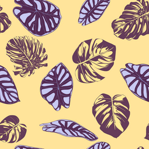 无缝的矢量热带图案。龟背竹棕榈叶和海。有水彩效果的丛林枝叶。异国情调的夏威夷纺织设计。无缝的热带背景为织品, 礼服, 纸, 印刷