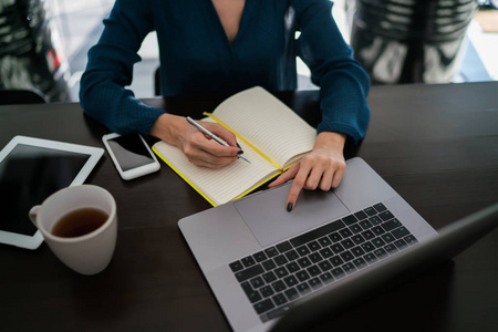 一位女性博客写手在笔记本上为文章做文字空白照片