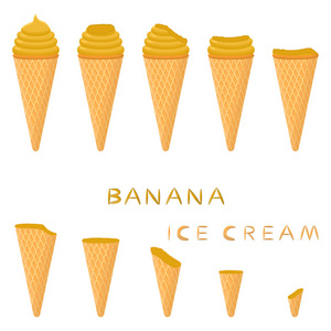 华夫饼锥上天然香蕉冰淇淋的矢量插图。 冰淇淋图案由甜的冷冰淇淋美味的冷冻甜点组成。 香蕉的新鲜水果冰淇淋。