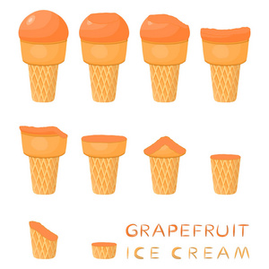 华夫饼锥上天然柚子冰淇淋的矢量图。 冰淇淋图案由甜的冷冰淇淋美味的冷冻甜点组成。 葡萄柚新鲜水果冰淇淋。