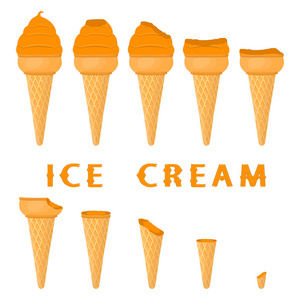 华夫饼锥上天然芒果冰淇淋的矢量图。 冰淇淋图案由甜的冷冰淇淋美味的冷冻甜点组成。 芒果的新鲜水果冰淇淋。