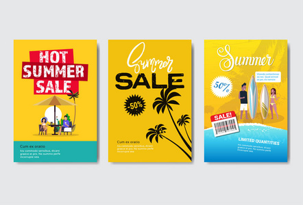 设置夏季销售热带棕榈冲浪假期设计标签季节购物徽标模板邀请贺卡打印和海报