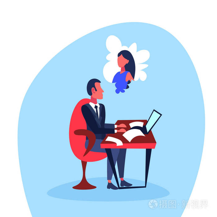 迷恋的商人坐办公室工作场所认为妇女梦想坚硬工作概念卡通人物孤立全