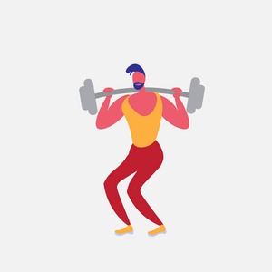 运动员做蹲杠铃强壮男健身运动卡通人物健康生活方式概念隔离全长平