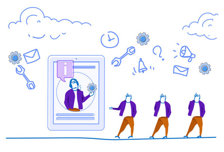 平板电脑屏幕人信息符号移动应用程序服务概念在线通信概念商人剪影横向草图涂鸦