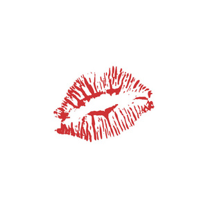 白色背景上的红色口红吻。 矢量平面插图设计。 嘴唇的印刷。